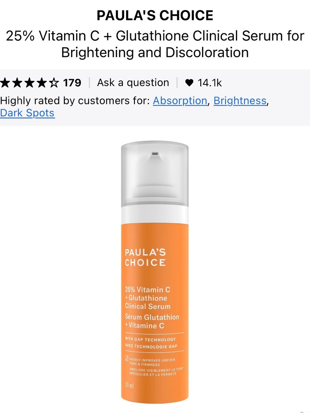 Paula's Choice Orange Vitamin C + Glutathione Clinical Serum